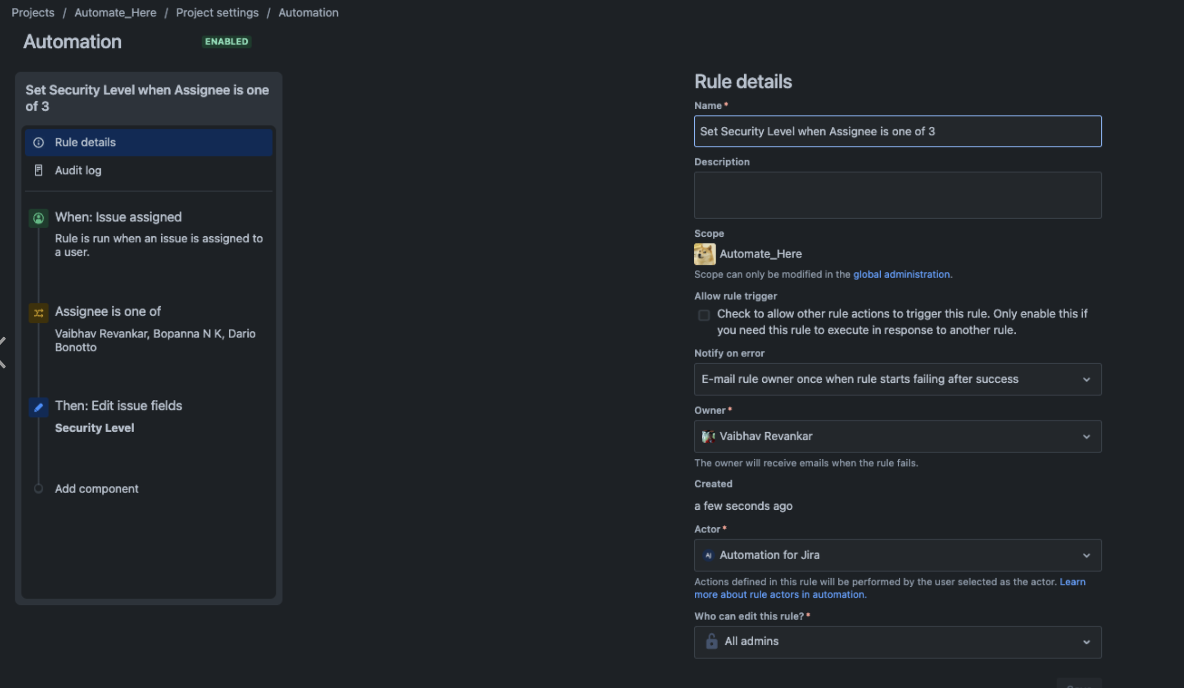 Set security level when assignee is one of 3 using automation 