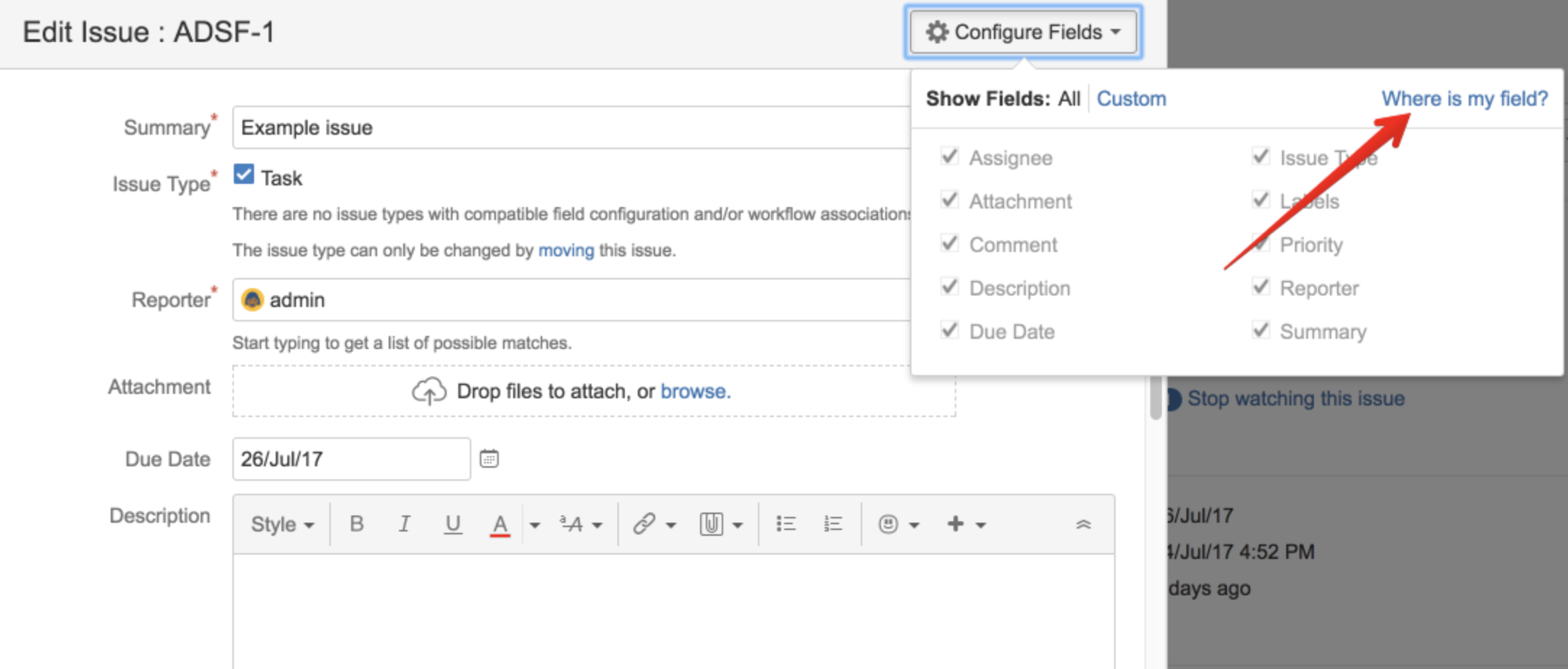 Where is my field option on jira tickets