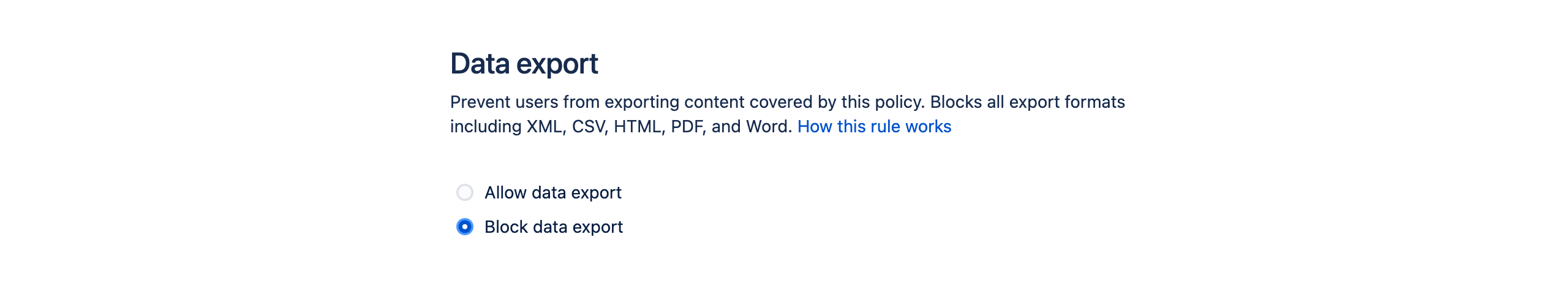 Data export rule showing allow and block options