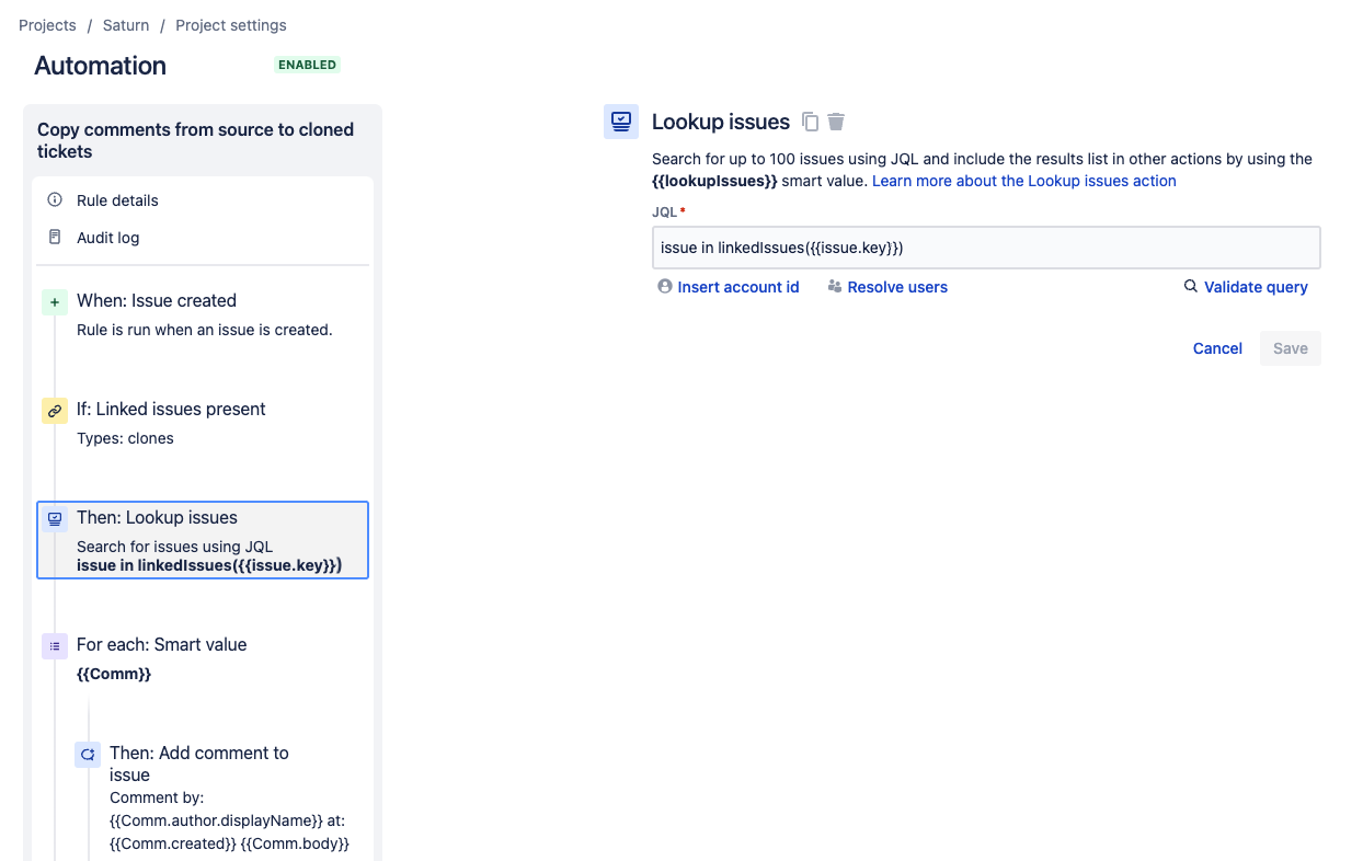 screenshot of automation rule and the lookup issues action
