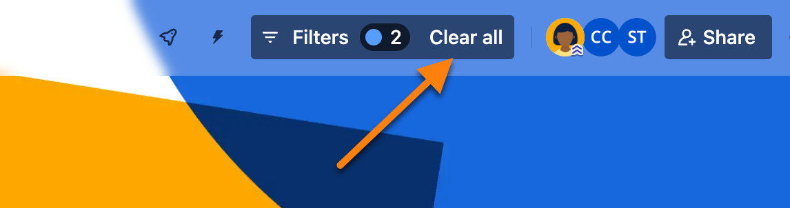 A board with active filters, open to clear all filters is highlighted.