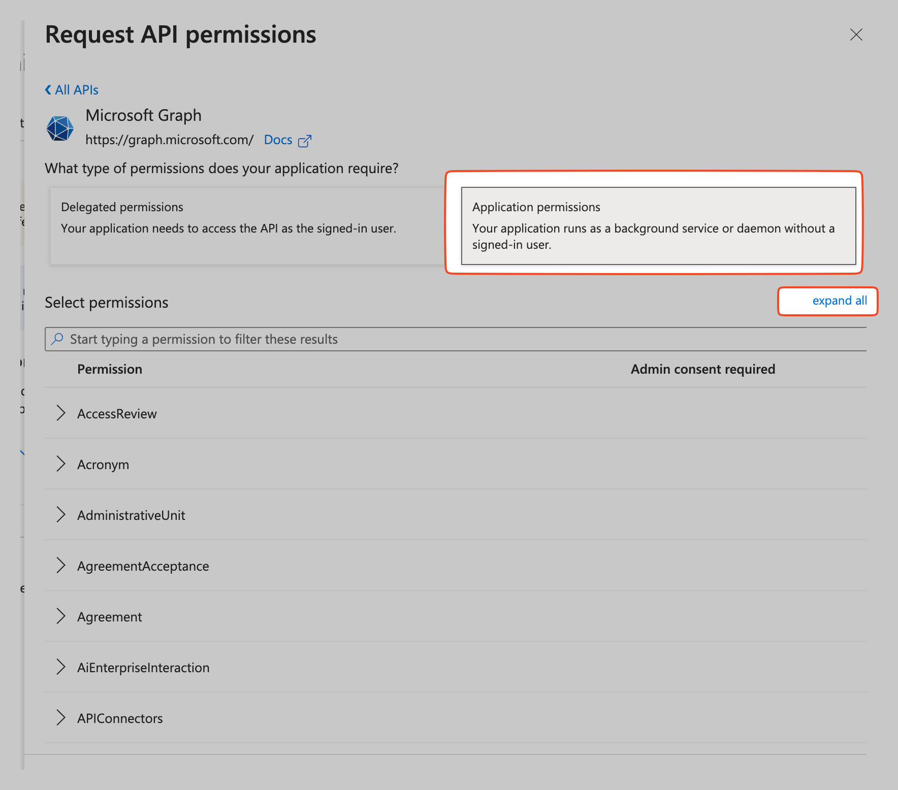 Screenshot of Request API permissions screen with Application Permissions selected