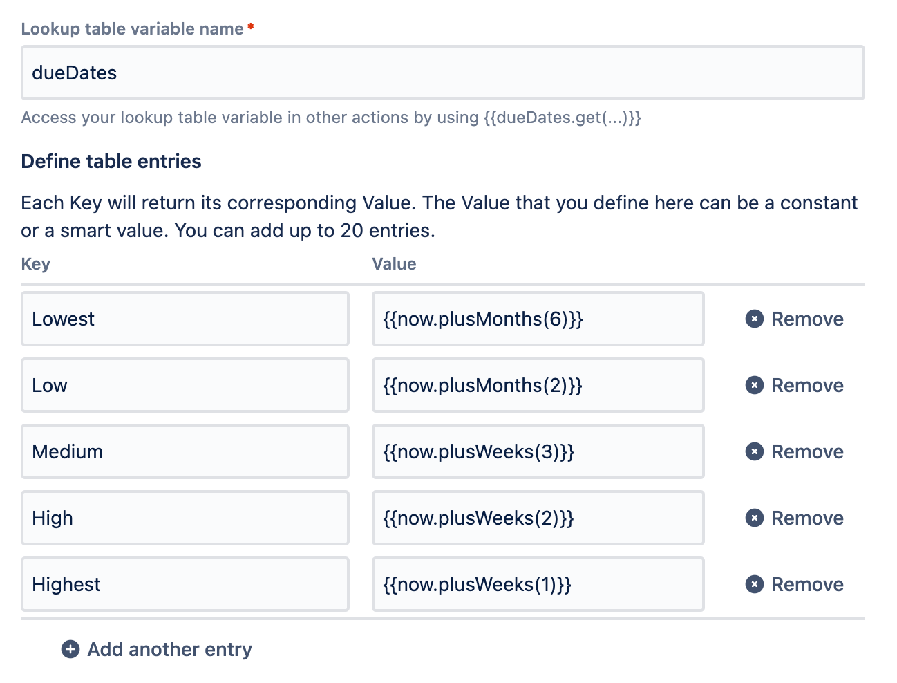 An image of the Create Lookup Table action, whereby the keys represent different Priority names (Lowest to Highest).