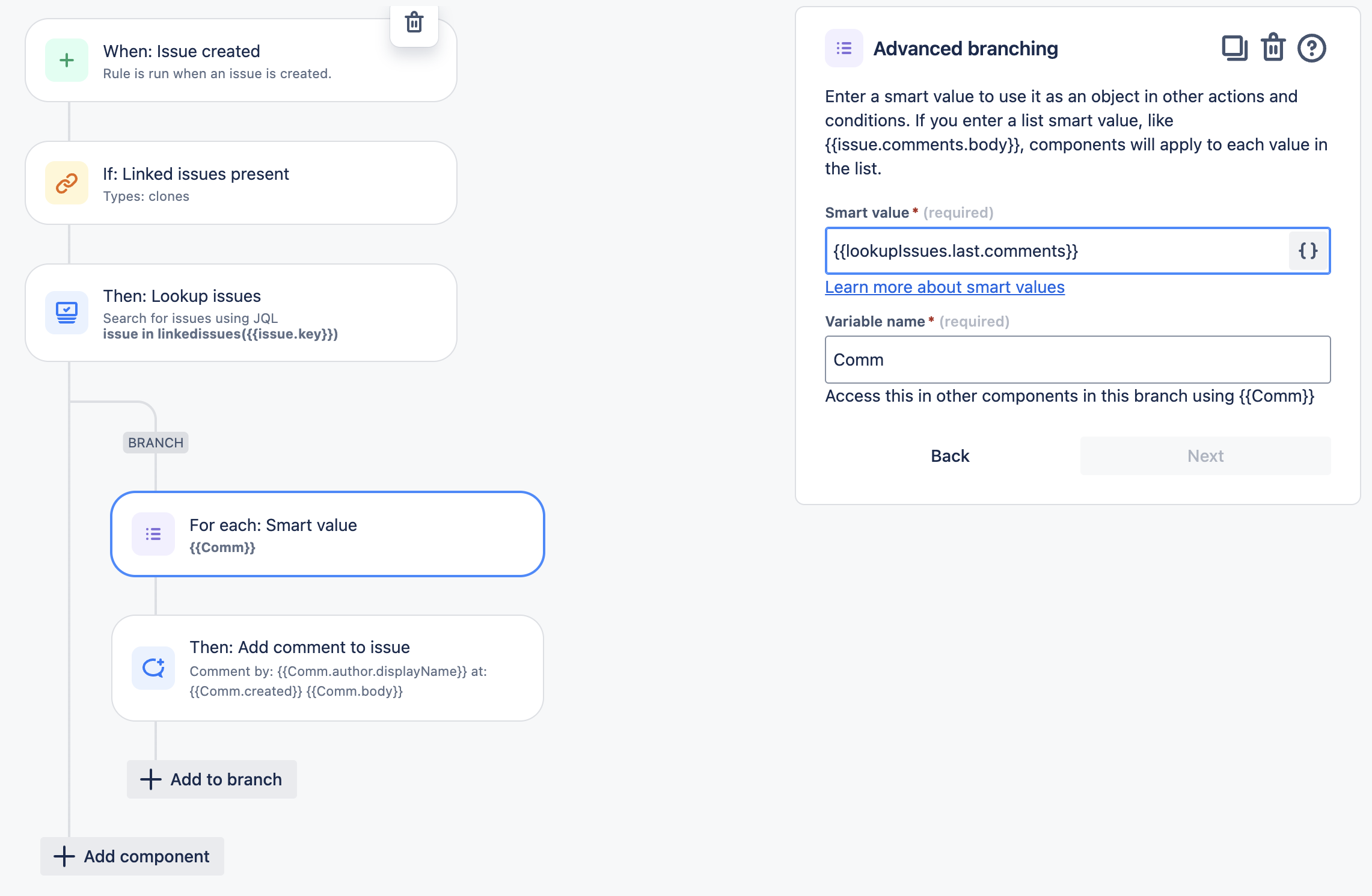 screenshot of details for the advanced branching condition