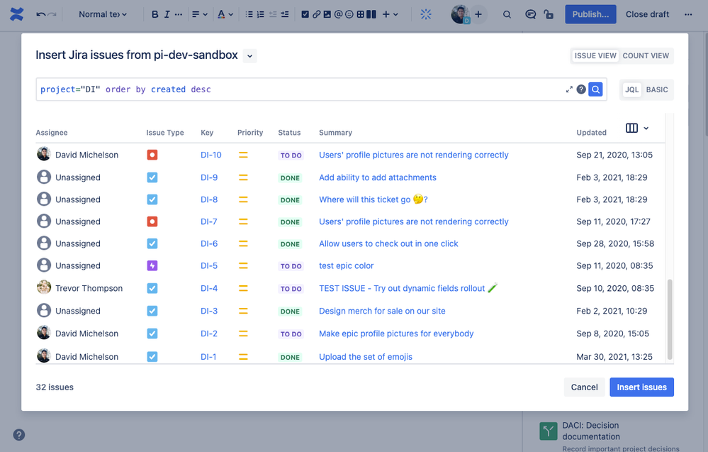 Search for Jira issues and insert in Confluence