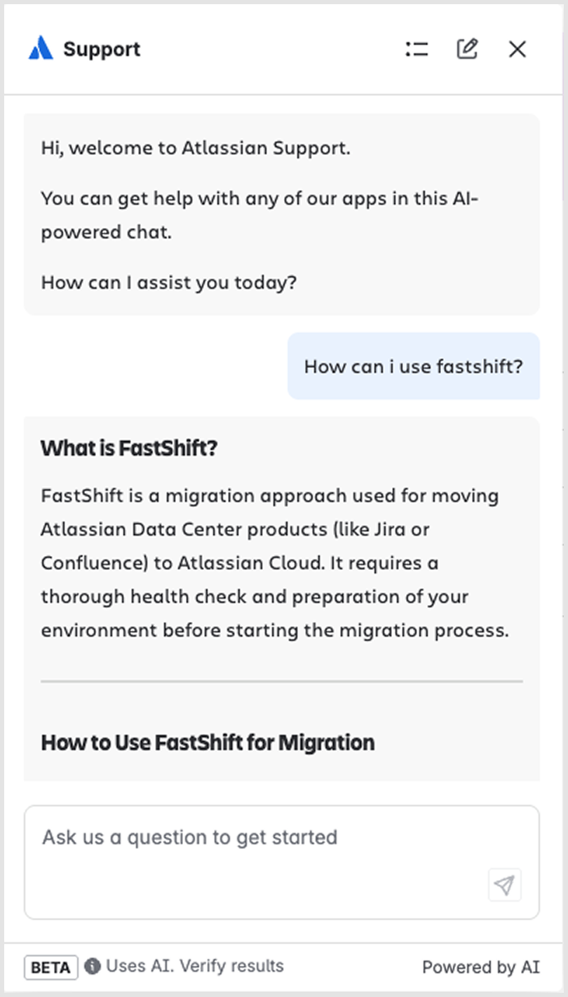 Image of the AI chat window in FastShift portal.