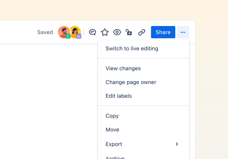 The 'Switch to live editing' a page option is available in the more actions menu