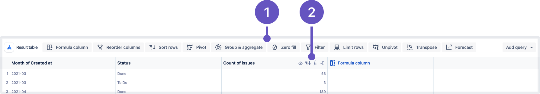 Visual SQL steps are located above the result table and in the header of columns in the result table.