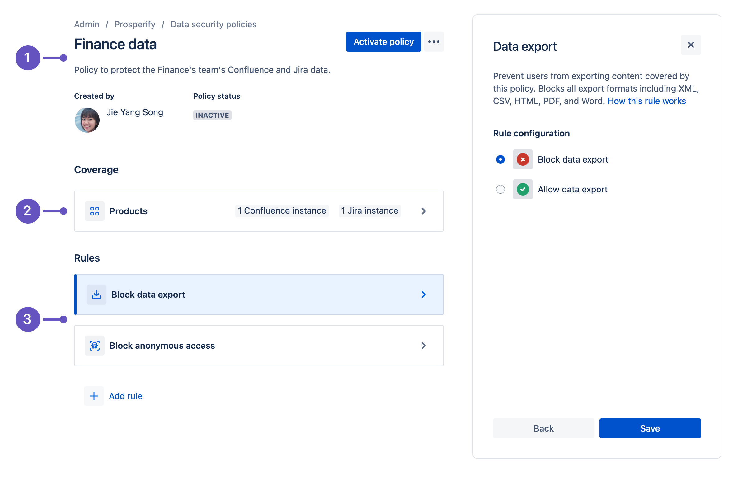 Detail view of a data security policy.