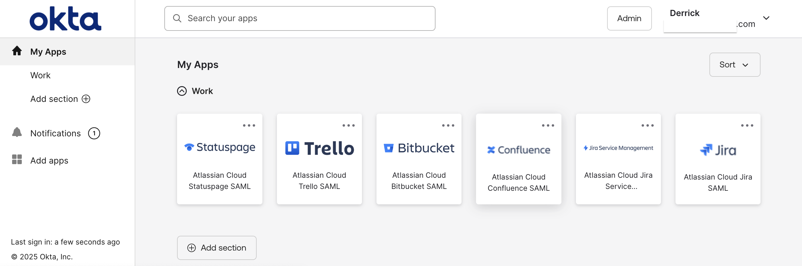 Okta My Apps dashboard showing a number of Atlassian Cloud apps that an end user can click and log in to those apps via SAML.