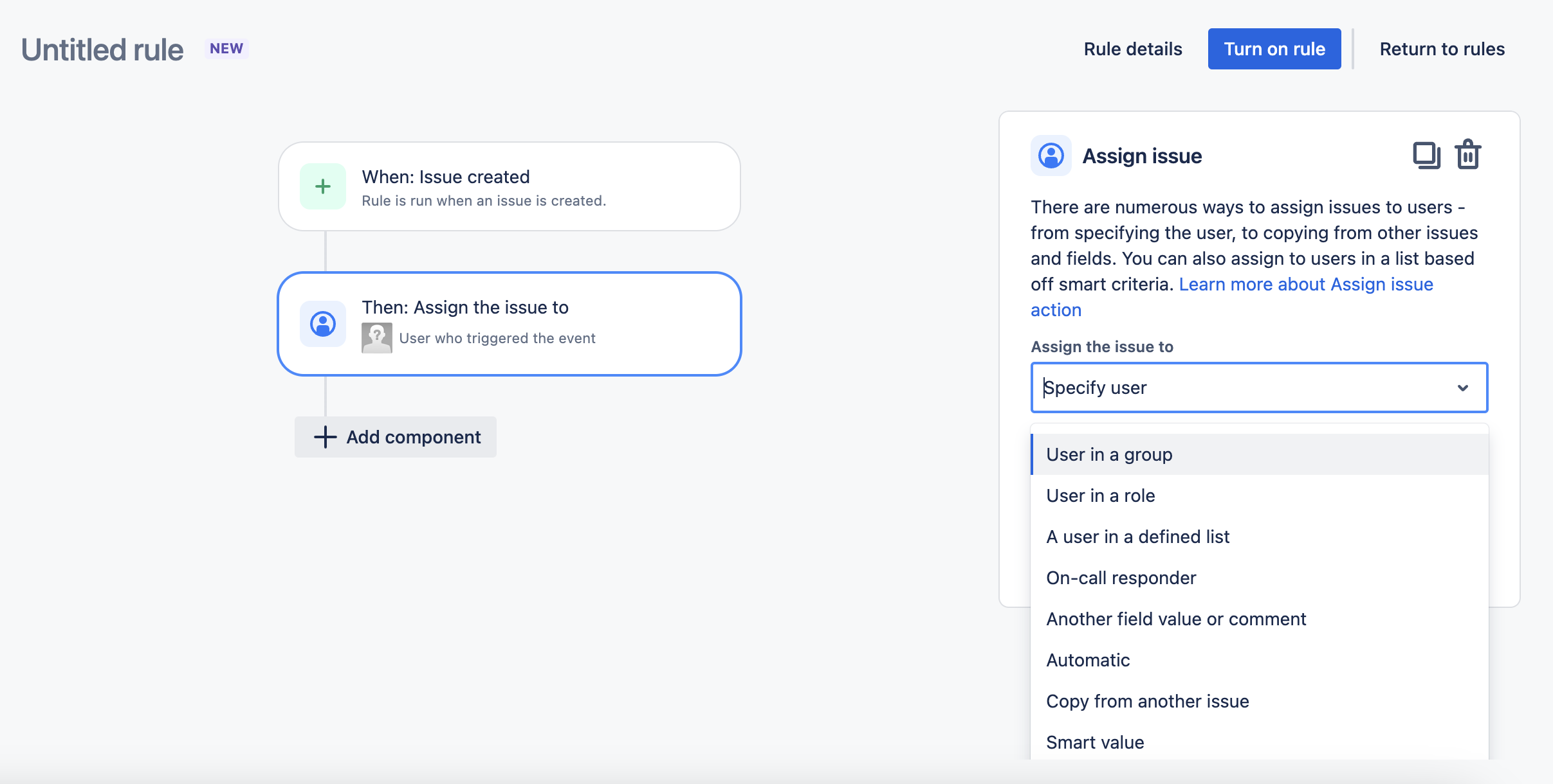 An automation rule with the assign issue action