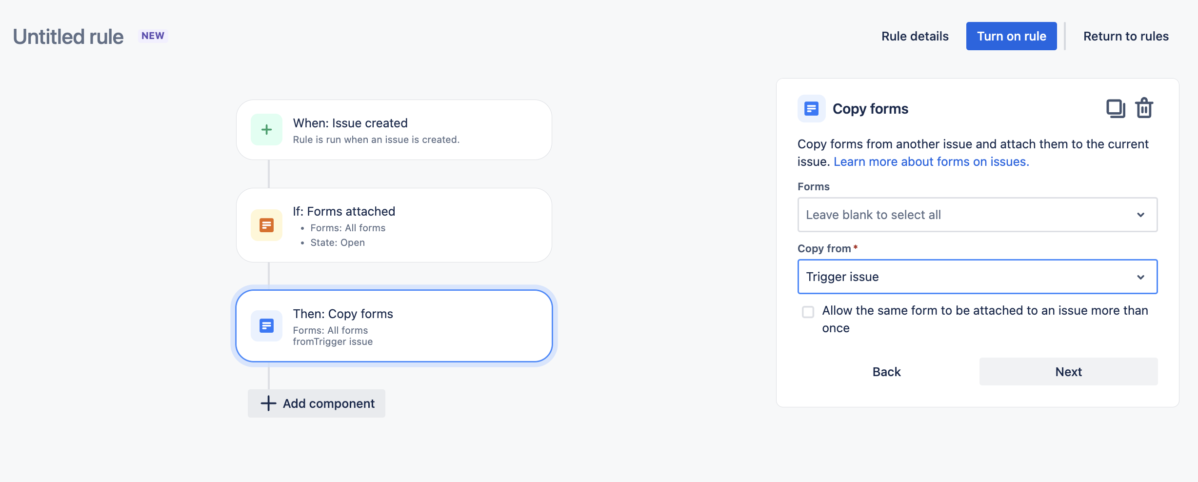 Automation rule with copy forms action