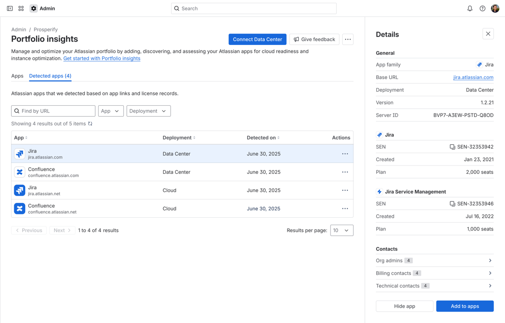 Detected apps tab with a few listed apps