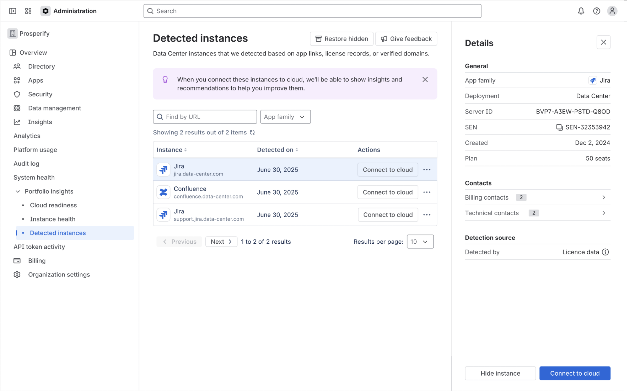 Detected apps tab with a few listed apps