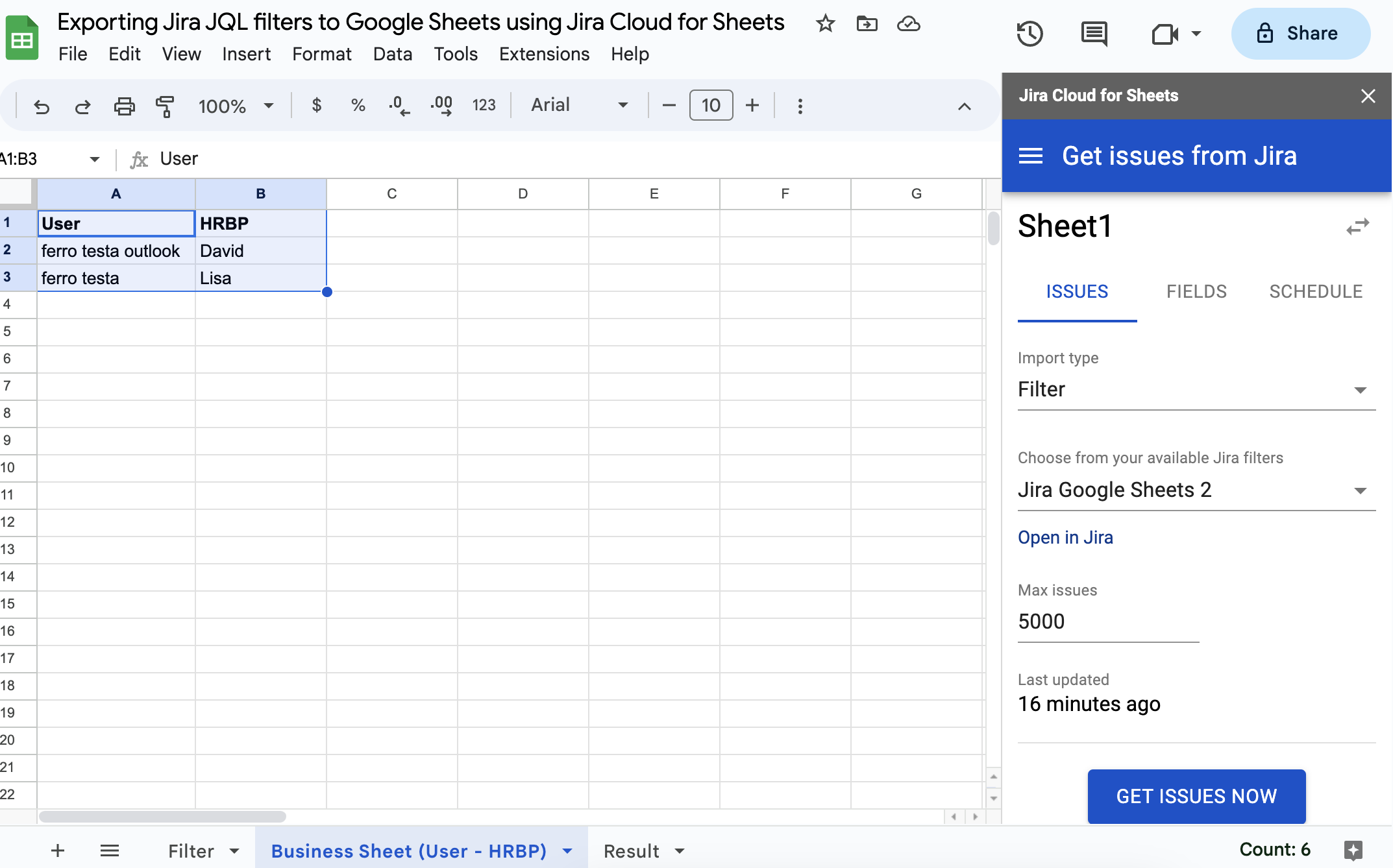 A Google Sheet displaying user data (User and HRBP) alongside a Jira Cloud for Sheets sidebar. The sidebar allows importing Jira issues based on a selected filter (Jira Google Sheets 2), with a maximum limit of 5000 issues. The data in the sidebar in
