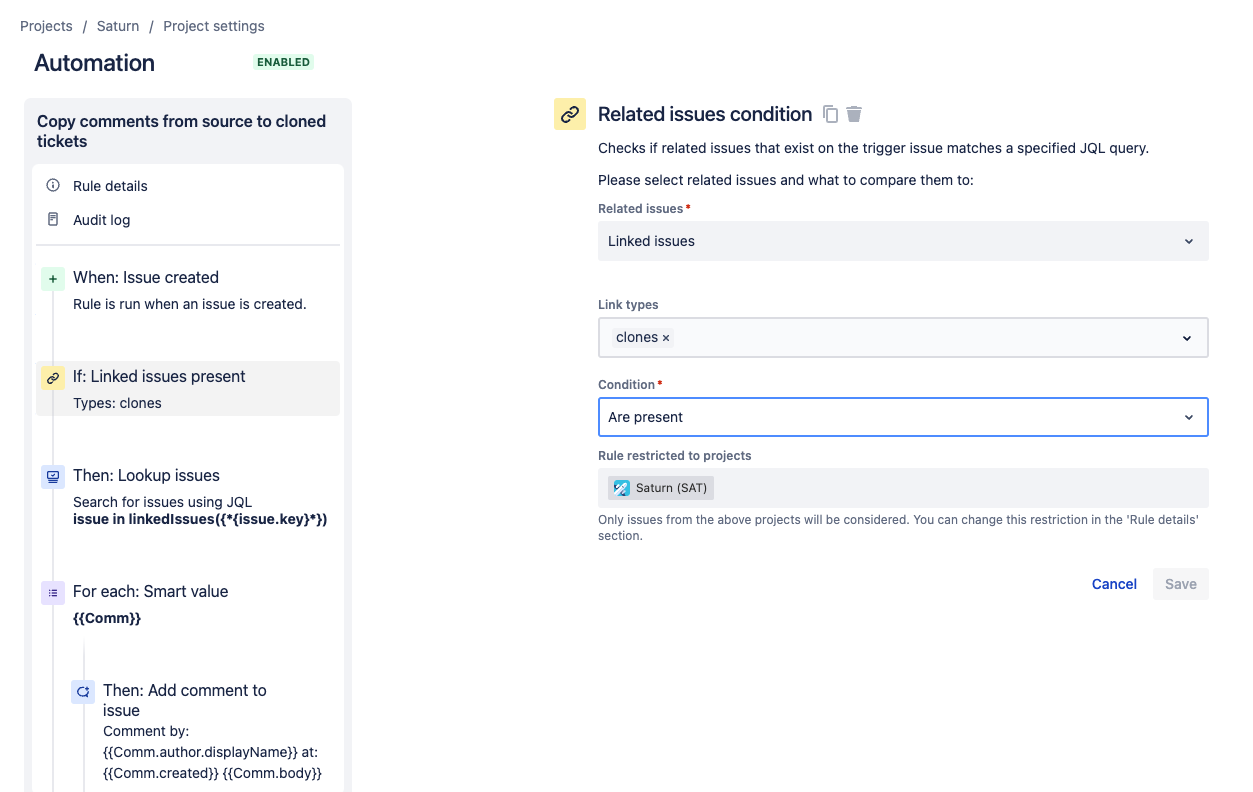 screenshot of automation rule with the necessary related issues condition details
