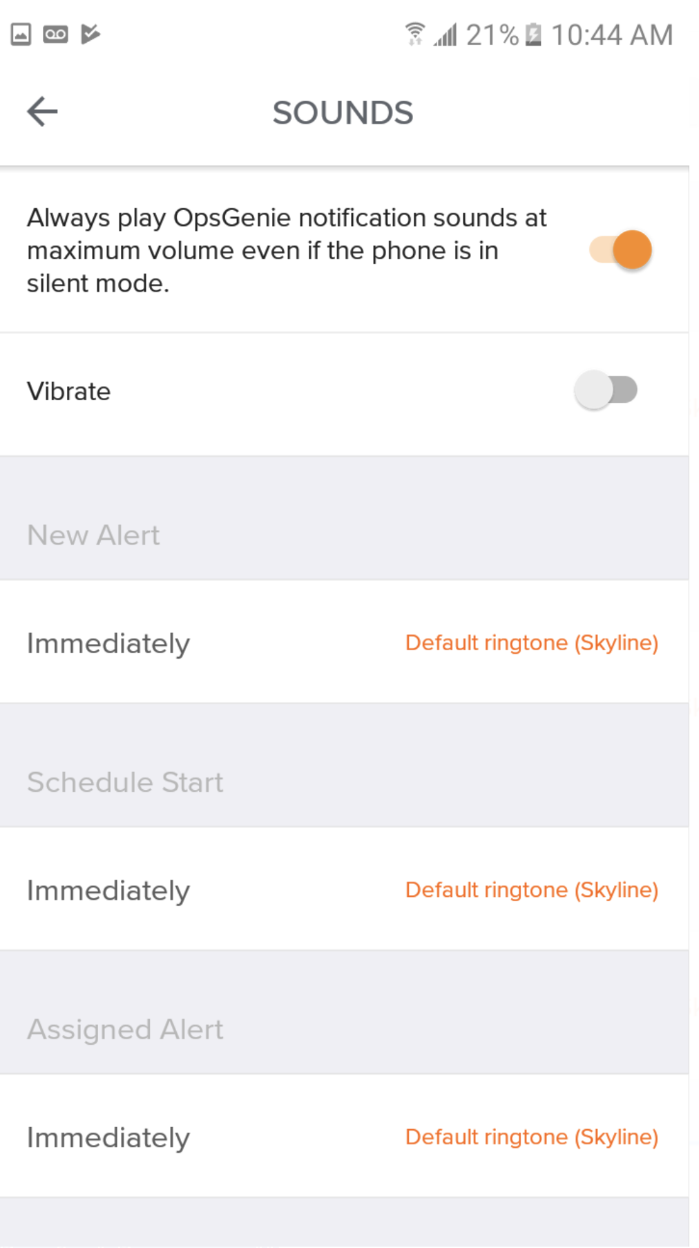 A screenshot of sound settings in Opsgenie's Android app.
