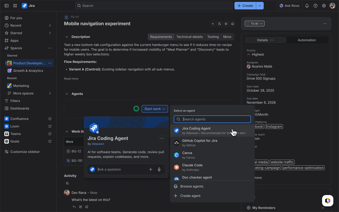 A Jira work item with the Jira coding agent being selected to help generate code.