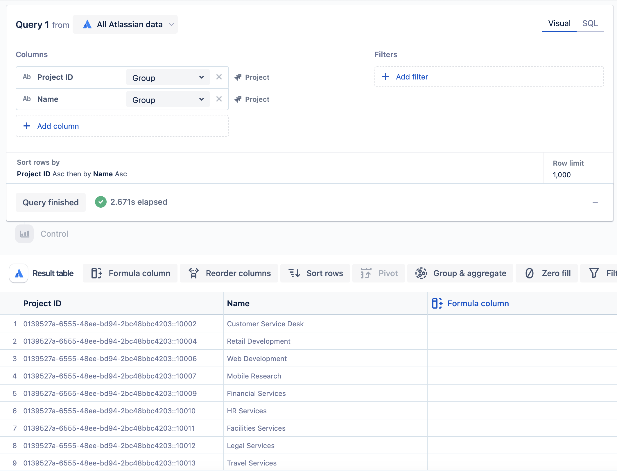 A visual mode query for a key-value pair control with project IDs and names. 