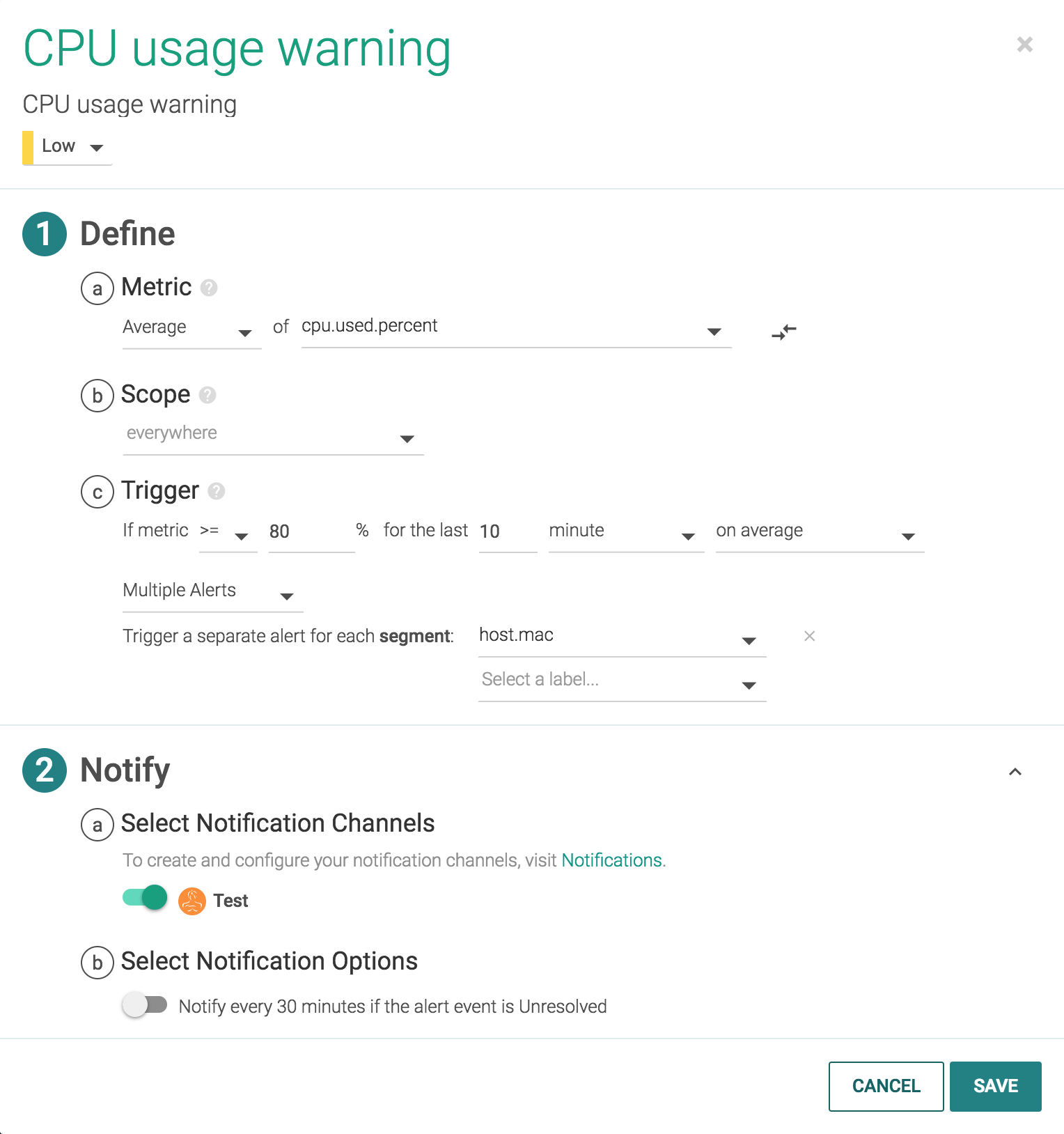 Sysdig Cloud の CPU 使用率の警告