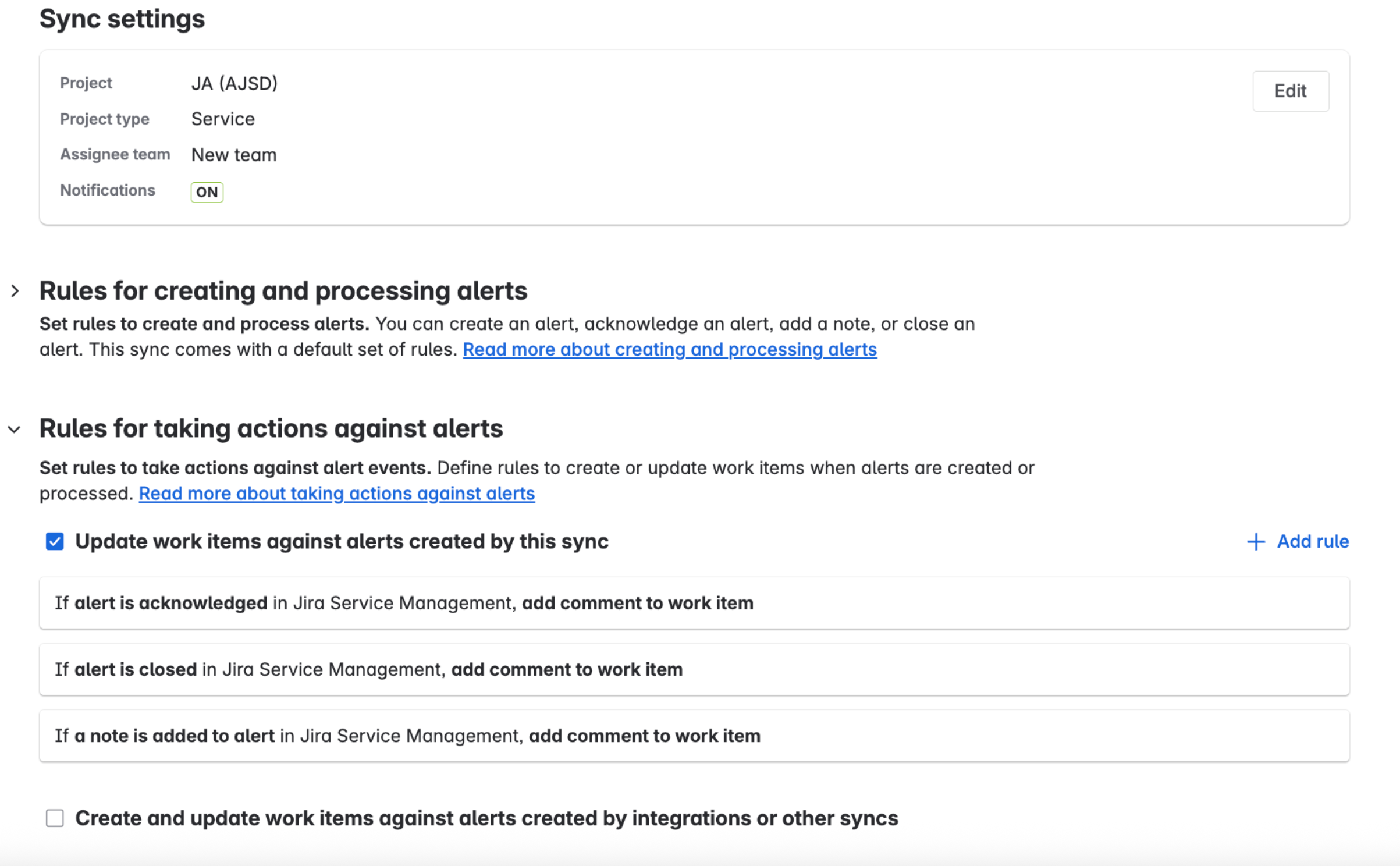 Sync settings for project JA show rules for alert creation, processing, and actions. Alerts can trigger work item updates in JSM. Options include adding comments when alerts are acknowledged, closed, or have notes added.