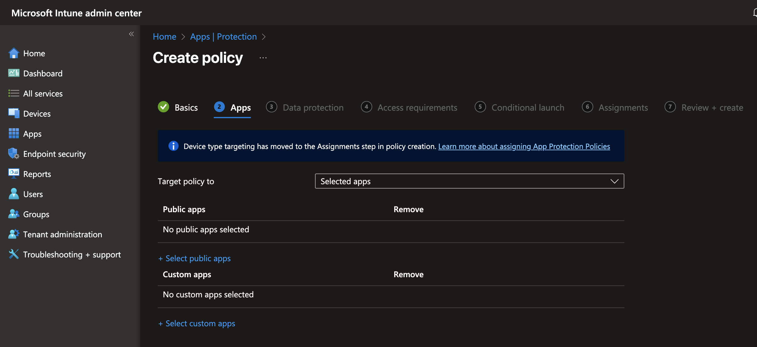 Microsoft Intune Create policy page, Apps step, with options to select public or custom apps.