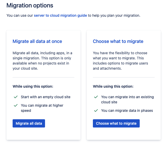 Migration options: migrate all data or choose what to migrate