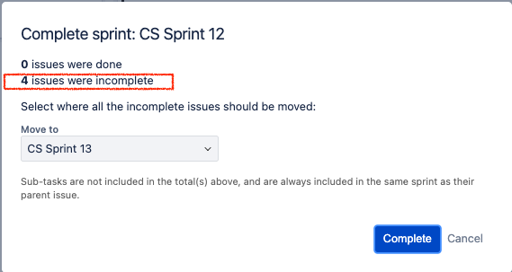 example of the sprint closure window. even though two of our example issues are shown as completed, the sprint dialog indicates all 4 issues are incomplete.