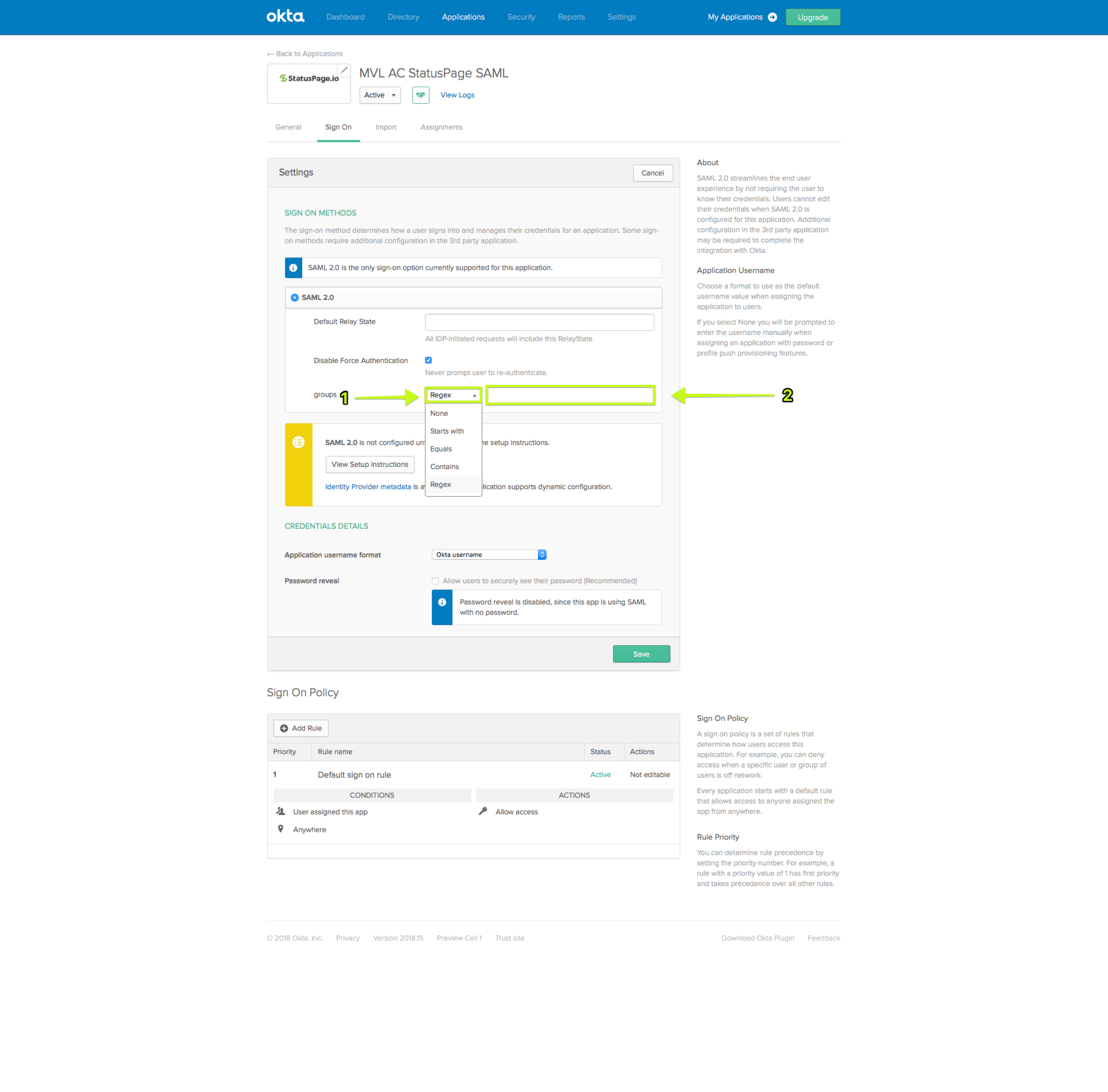 The Okta screen where you enter Regex information