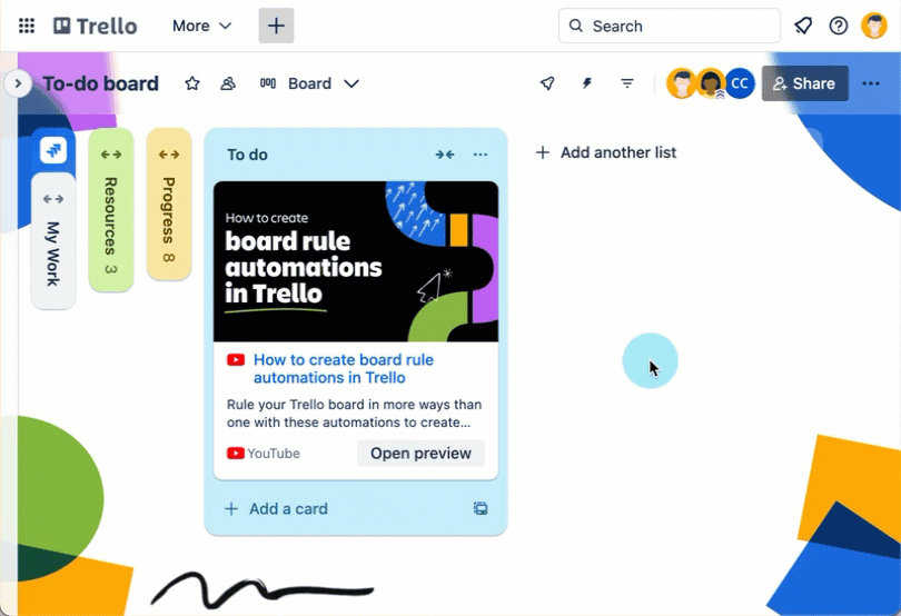 Trello board showing a preview of a Youtube video inside a Link card.