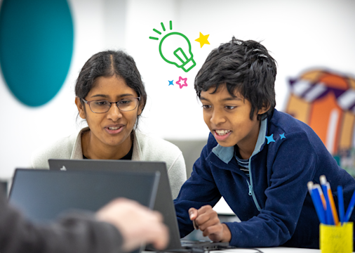 Adult and child using laptops together, with illustrated lightbulb and stars above them.