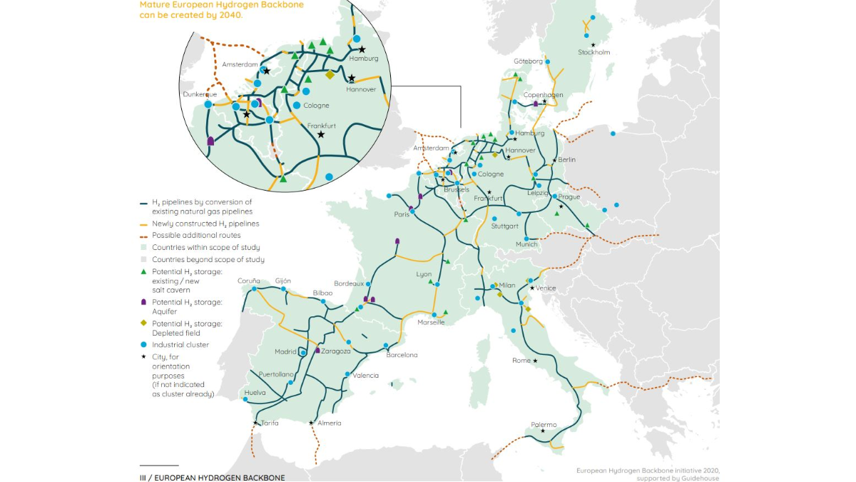 Carte de la Dorsale hydrogène européenne (European Hydrogen Backbone, EHB)