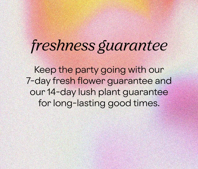 freshness guarantee  Keep the party going with our 7-day fresh flower guarantee and our 14-day lush plant guarantee for long-lasting good times.