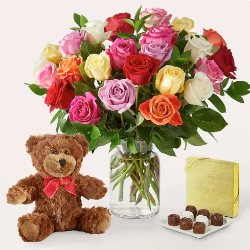 Mixed Roses Gift Sets with Chocolates and Bear