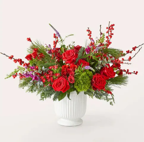 Big Red Bow Bouquet with Fluted Pedestal Vase