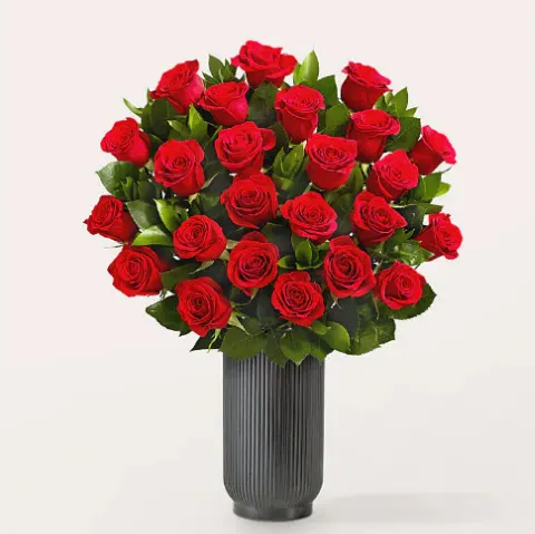 Red Rose Bouquet with Black Fluted Vase