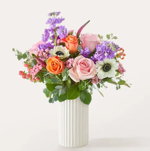Dressed Up Anemone Bouquet with White Fluted Vase