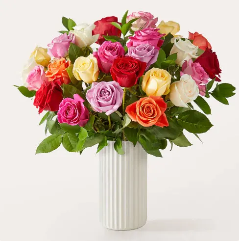 Mixed Roses Bouquet with White Fluted Vase