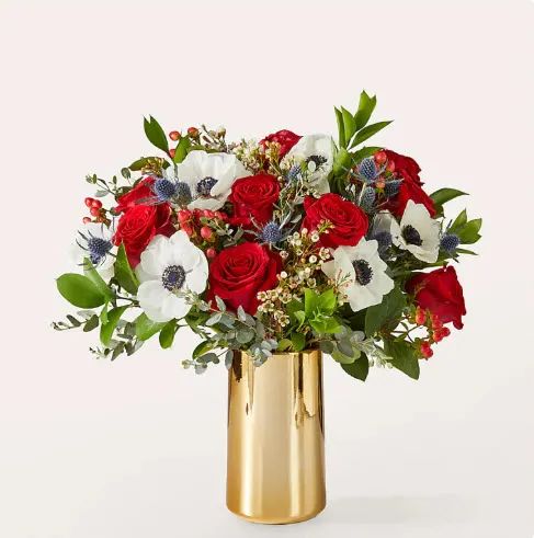 Snow Day Anemone Bouquet with Gold Vase