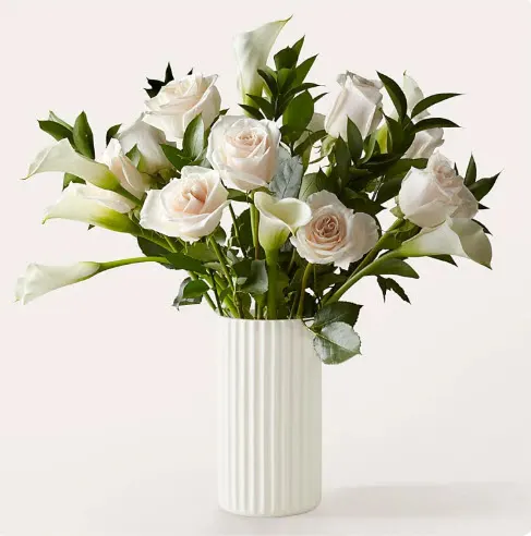 Vision in Ivory Rose and Calla Lily Bouquet with White Fluted Vase