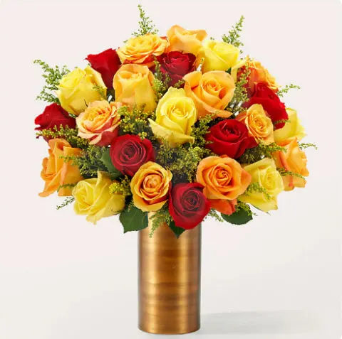 Sunlit Fall Rose Bouquet with Copper Vase