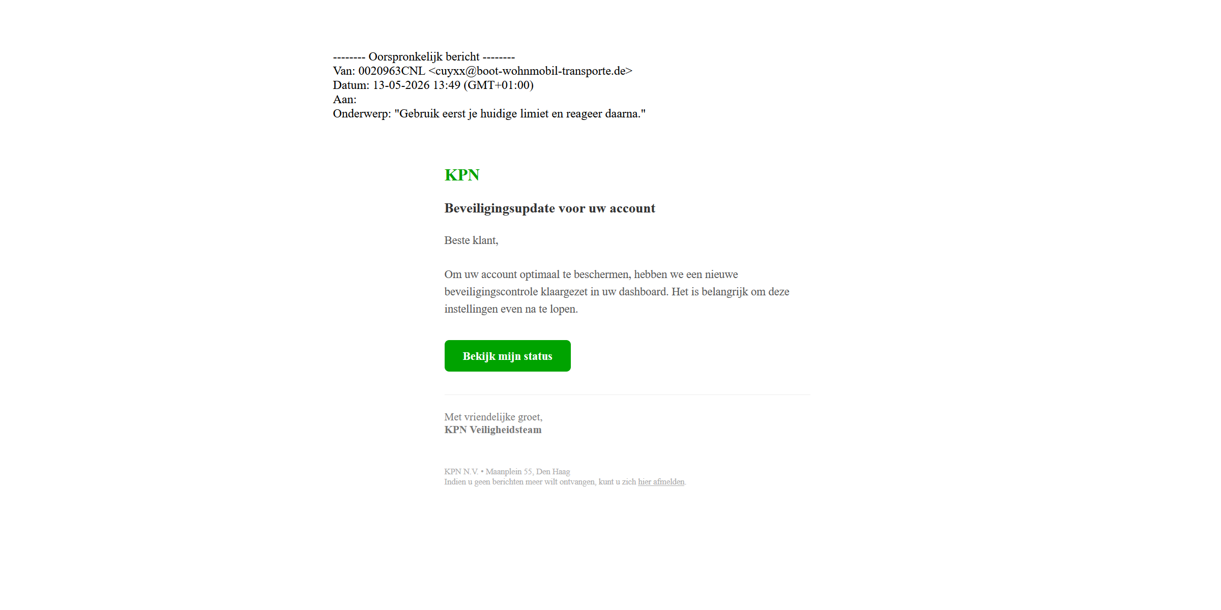 Afbeelding van phishingmail met onderwerp: Gebruik eerst je huidige limiet en reageer daarna.