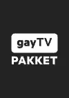 Gay TV pakket logo met op de achtergrond vijf mannen met een ontbloot bovenlichaam