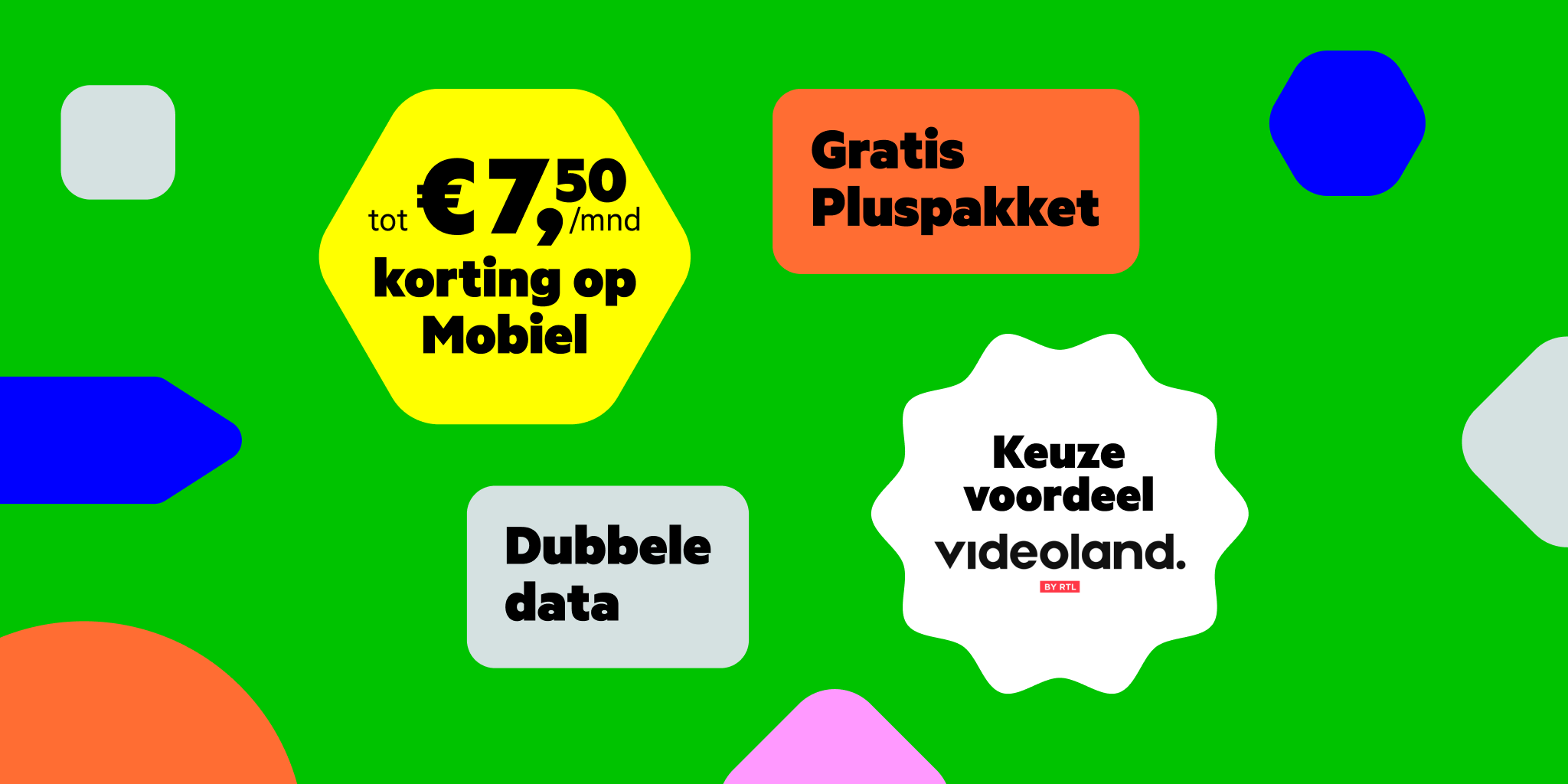 Verschillende gekleurde tekstwolkjes met de tekst 'tot 7,50 euro per maand korting op mobiel', Keuzevoordeel. Videoland