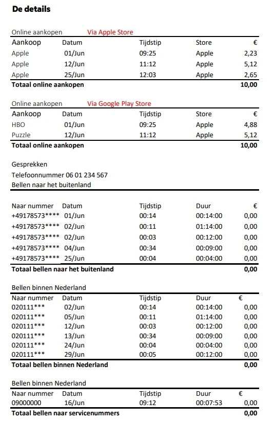 De details van je mobiele factuur