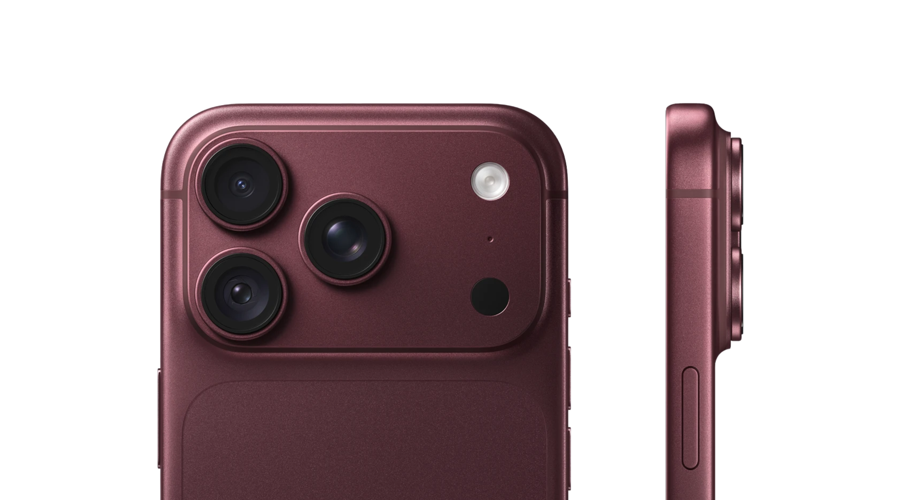 Camera's en zijkant van de donkerrode iPhone 18 Pro 