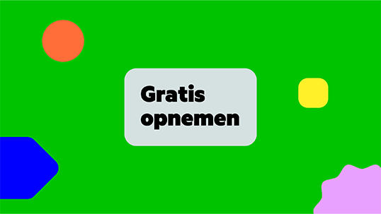 Gratis Opnemen in tekst afgebeeld op een groene achtergrond met vormen in blauw, rood, geel en roze