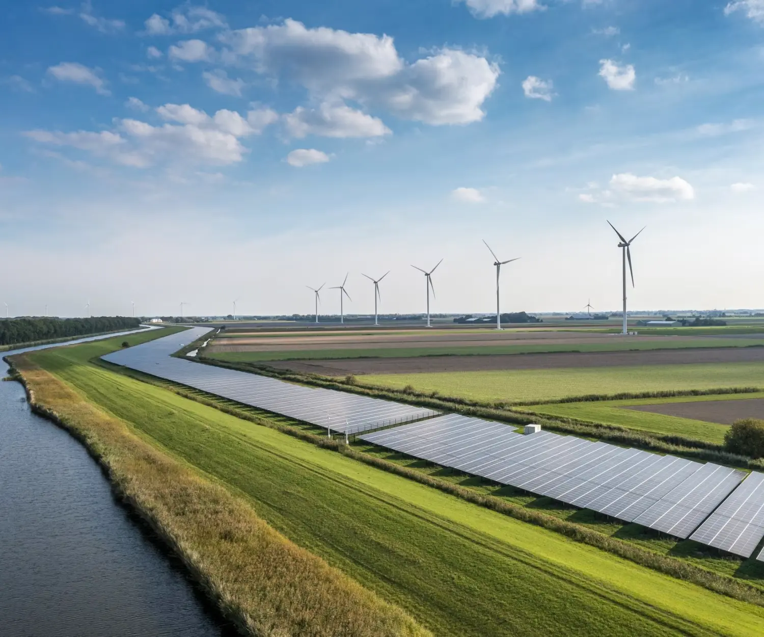 Een landschap met windmolens en zonnepanelen voor duurzame energie.