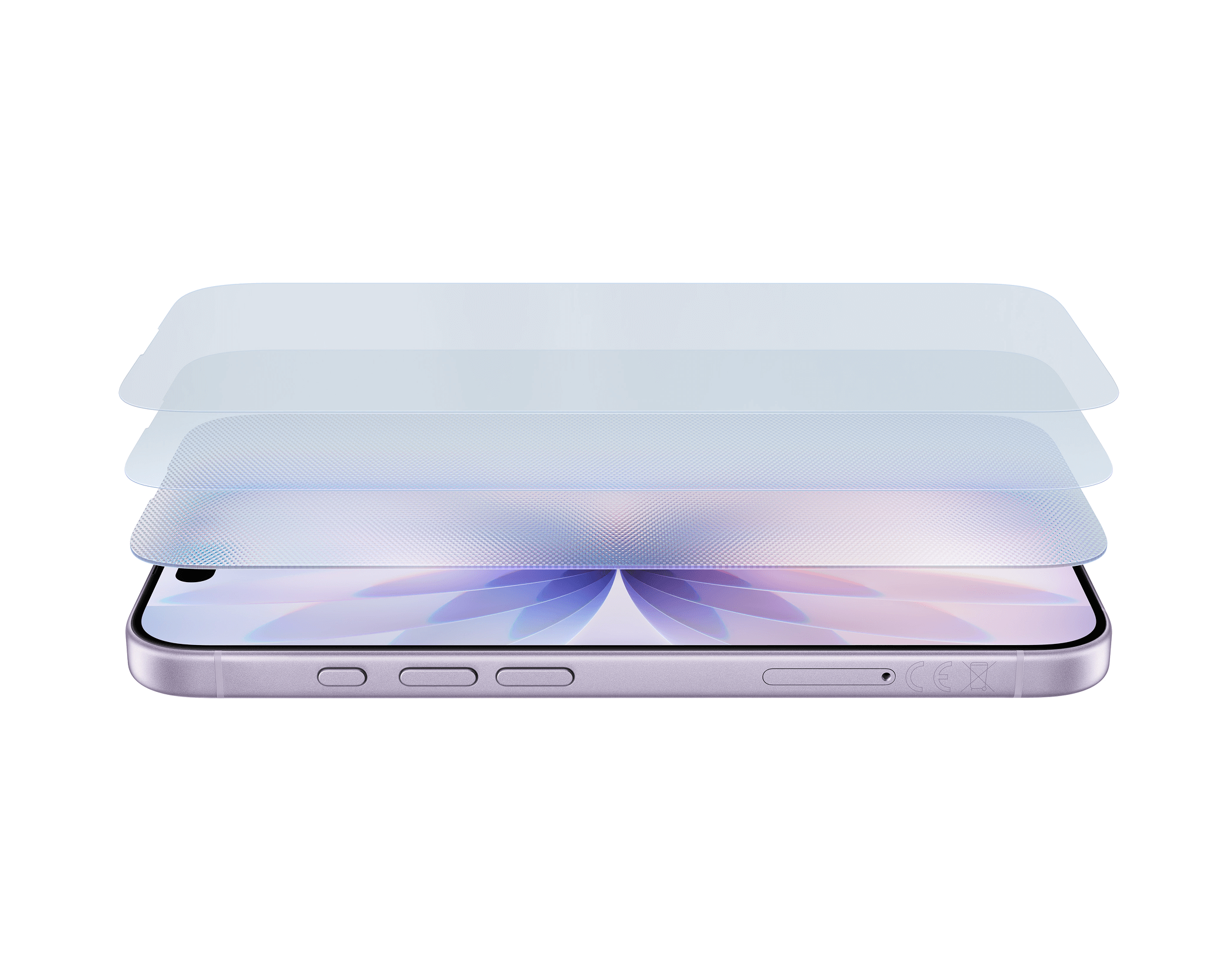 iPhone 17 in lichtpaars ligt op de rug met drie glazen lagen erboven die Ceramic Shield 2 tonen