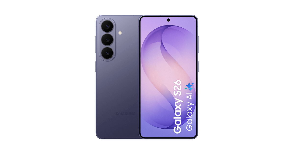 De voor en achterkant van de donkerpaarse Samsung Galaxy S26